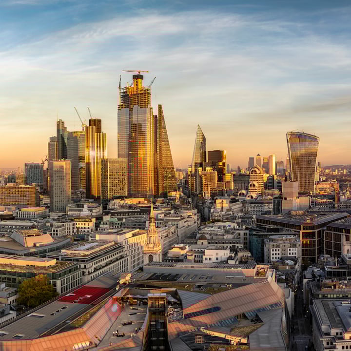 London skyline as seen from above, at sunset