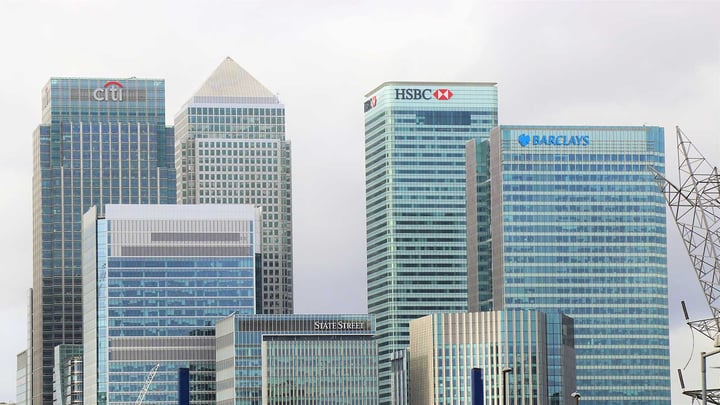 A city scape populated with high rise bank buildings