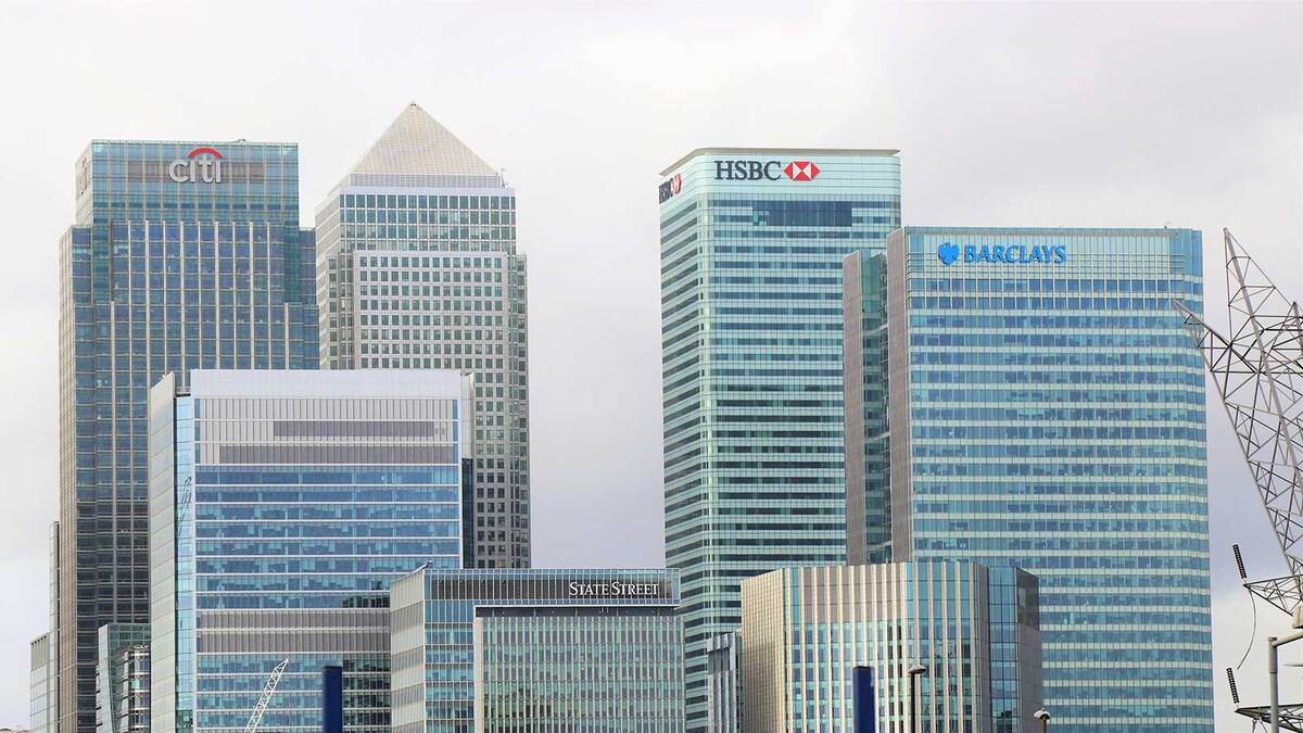 A city scape populated with high rise bank buildings